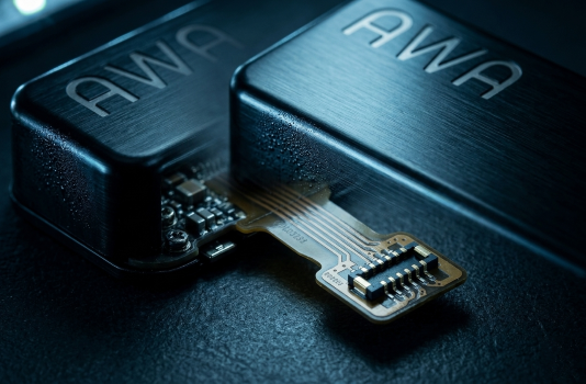 close up of sophisticated electronics circuit board with macro detail of microchips and precision components in cool industrial lighting